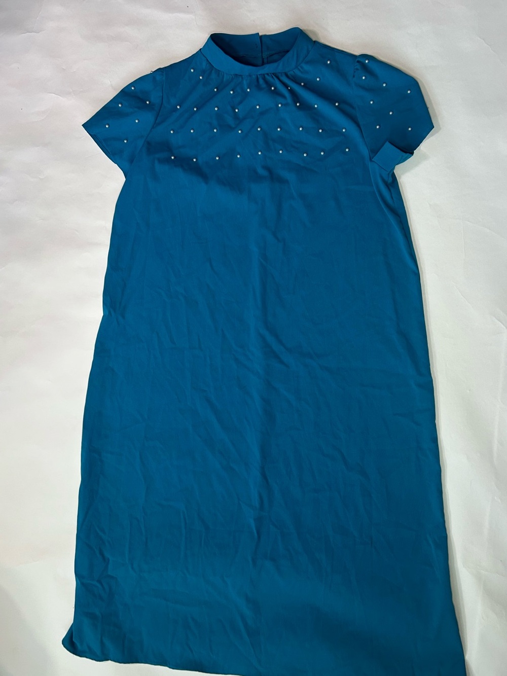 Teal Short-Sleeve Dress with Decorative Pearl Studs